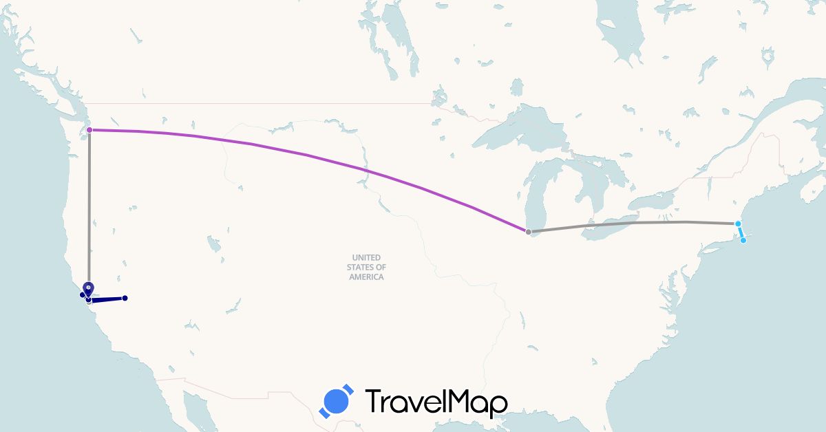 TravelMap itinerary: driving, plane, train, boat in United States (North America)